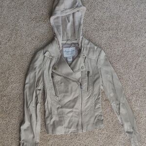 American Rag Women's Beige Leather Jacket with Hood